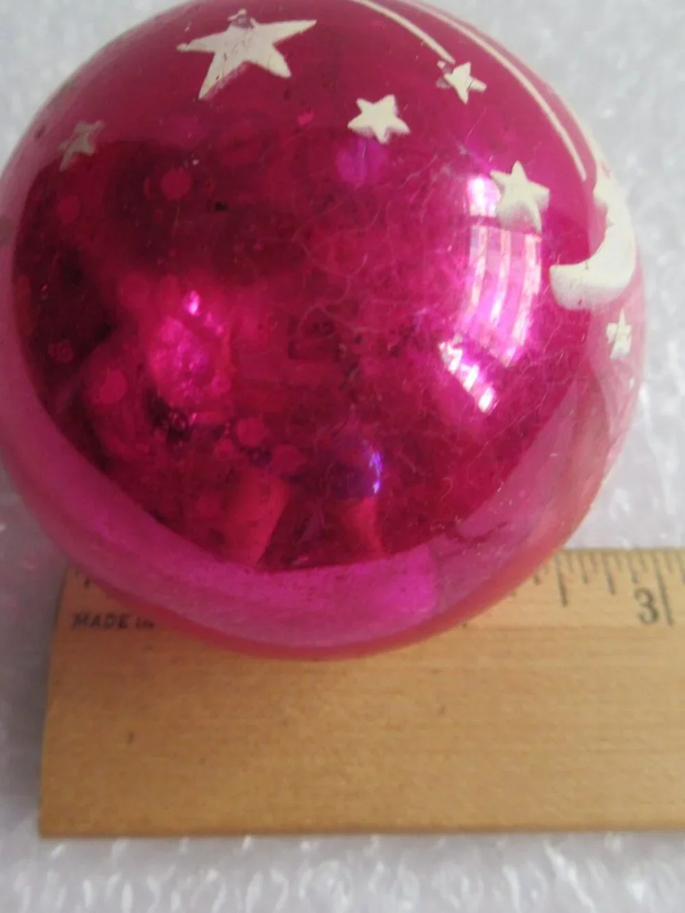 Pink Shiny Brite Moon & Star Atomic Stencil Christmas Ornament 10 Cent Cap Vtg